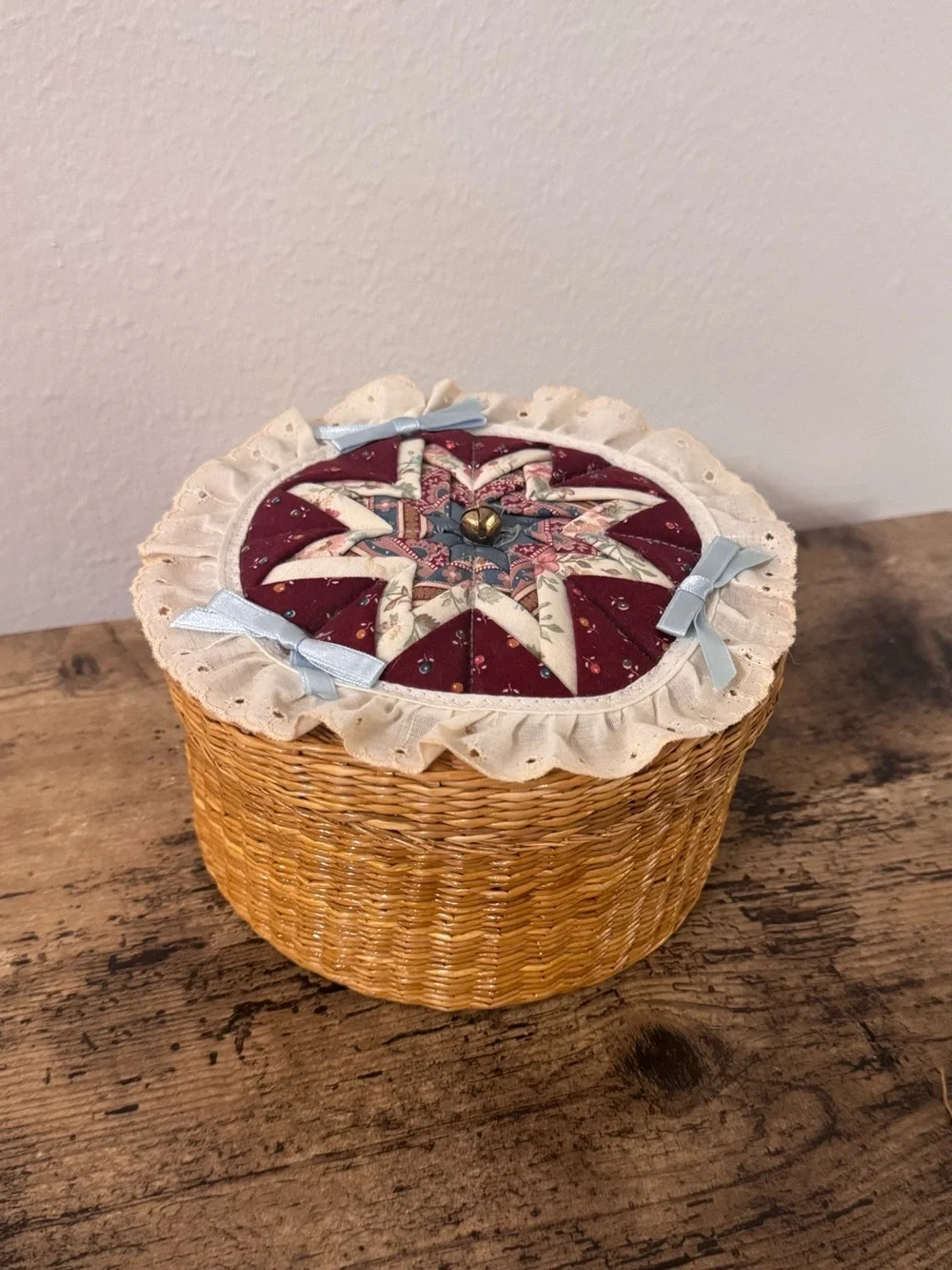 Vintage Wicker Sewing Basket with Quilt Top Lid